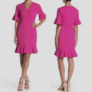 Trina Turk hot pink ruffle hem quest v neck sheath dress